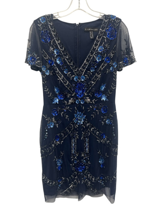 Aidan Mattox Size 6 Navy Blue & Light Blue Polyester beaded design Floral Dress Navy Blue & Light Blue / 6