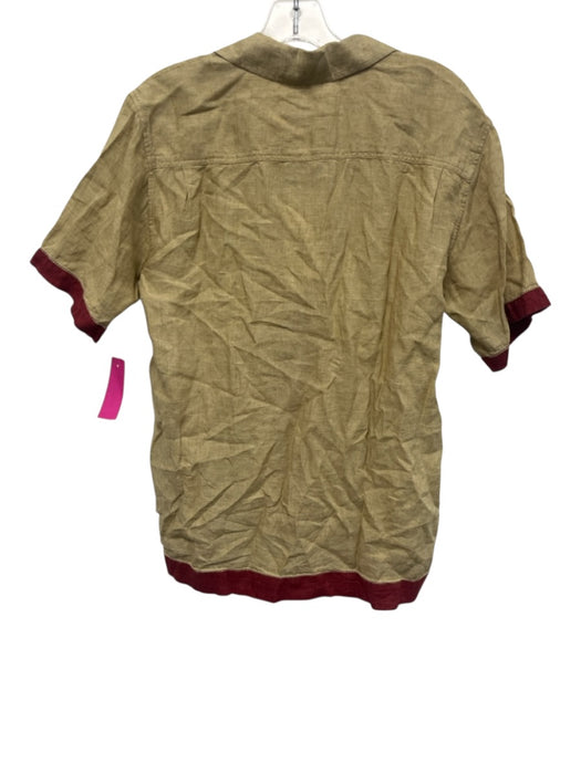 Orlebar Brown NWT Size M Tan & Red Print Linen Solid Button Up Short Sleeve Tan & Red Print / M