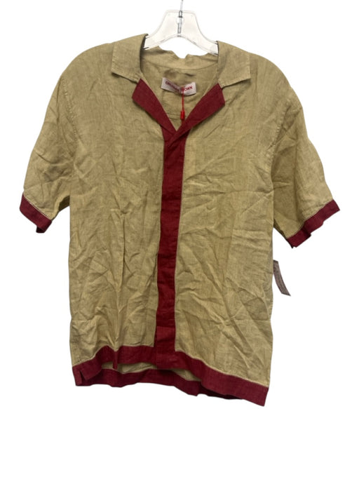 Orlebar Brown NWT Size M Tan & Red Print Linen Solid Button Up Short Sleeve Tan & Red Print / M