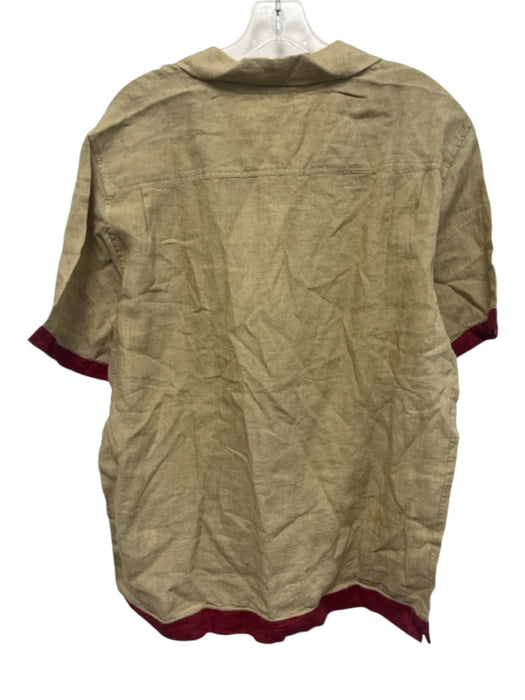 Orlebar Brown NWT Size L Tan & Red Print Linen Solid Button Up Short Sleeve Tan & Red Print / L