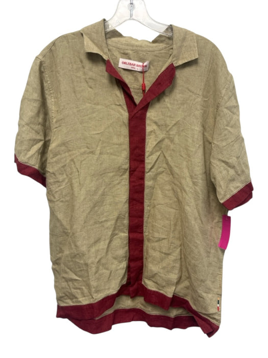 Orlebar Brown NWT Size L Tan & Red Print Linen Solid Button Up Short Sleeve Tan & Red Print / L