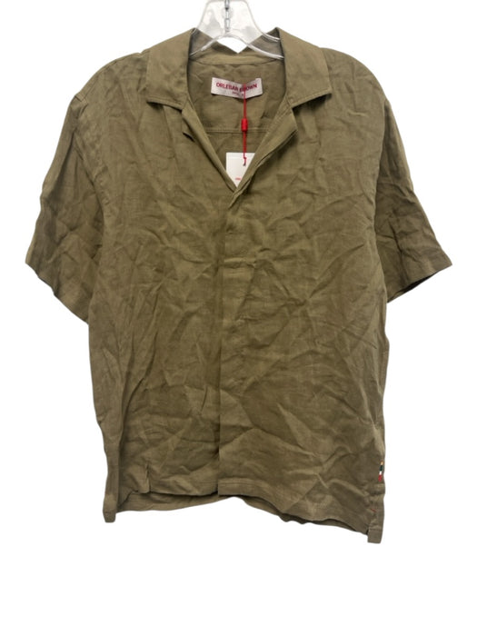 Orlebar Brown NWT Size S Olive Green Linen Solid Button Up Men's Short Sleeve Olive Green / S