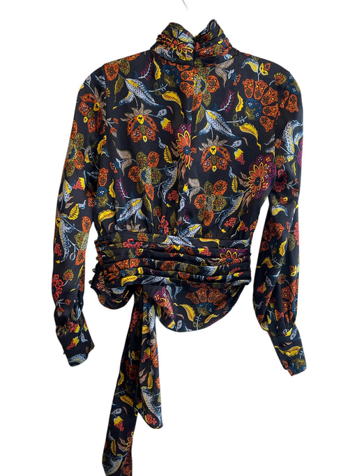 Cinq a Sept Size XS Black Multi Silk High Neck Long Sleeve Floral Waist Tie Top Black Multi / XS