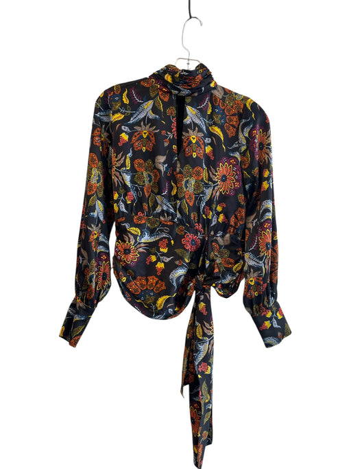Cinq a Sept Size XS Black Multi Silk High Neck Long Sleeve Floral Waist Tie Top Black Multi / XS