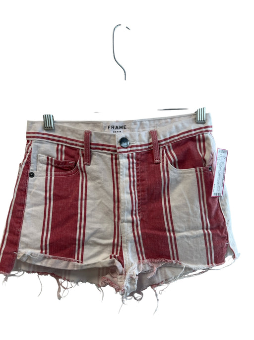 Frame Size 24 Red & White Cotton Button Fly Striped Raw Hem 5 Pocket Shorts Red & White / 24
