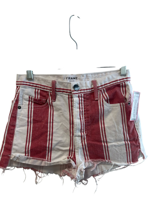 Frame Size 24 Red & White Cotton Button Fly Striped Raw Hem 5 Pocket Shorts Red & White / 24