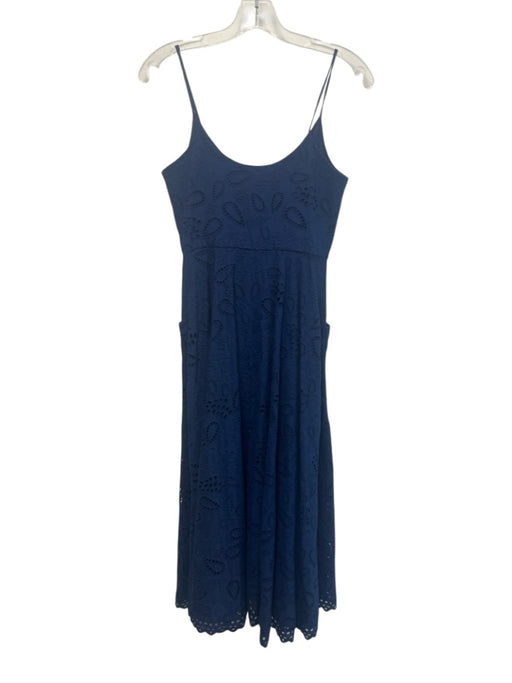 Saloni Size 0 Navy Cotton Eyelet Button Down Spaghetti Strap Pockets Dress Navy / 0