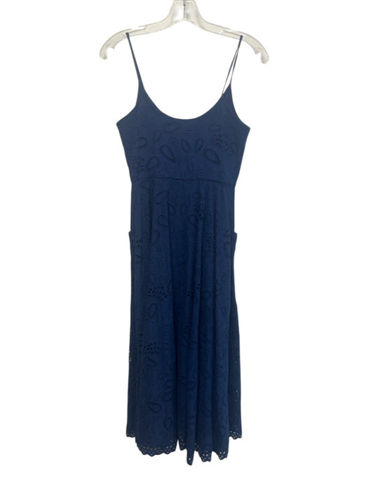 Saloni Size 0 Navy Cotton Eyelet Button Down Spaghetti Strap Pockets Dress Navy / 0