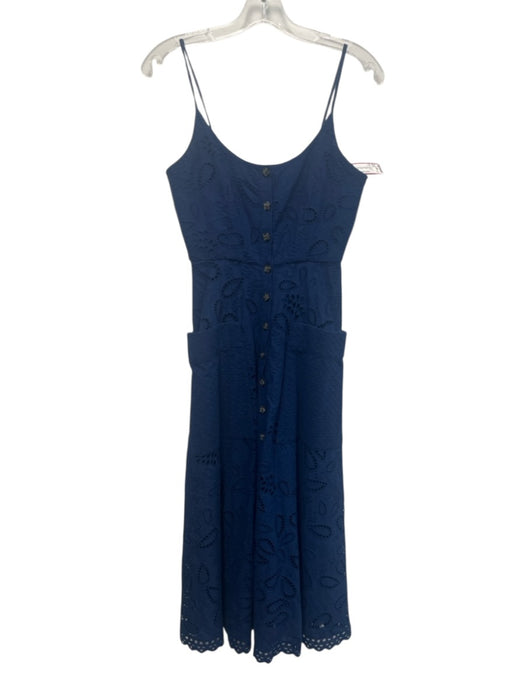 Saloni Size 0 Navy Cotton Eyelet Button Down Spaghetti Strap Pockets Dress Navy / 0
