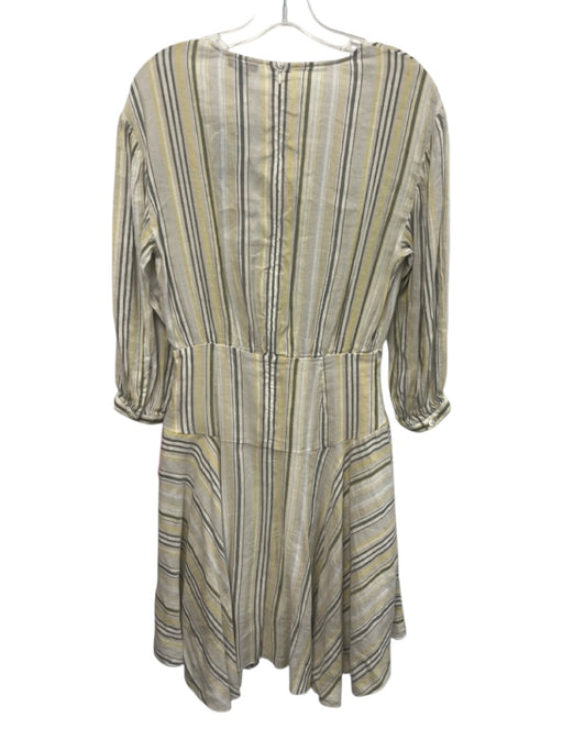 ATM Size 4 White, Gray, Yellow Linen Stripe V Neck Long Sleeve Dress White, Gray, Yellow / 4