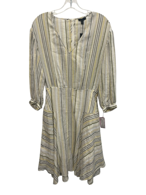 ATM Size 4 White, Gray, Yellow Linen Stripe V Neck Long Sleeve Dress White, Gray, Yellow / 4