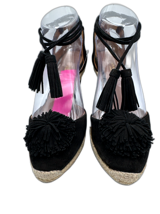 Aquazzura Shoe Size 38 Black & Beige Suede & Raffia Pom Pom Ankle Tie Wedges Black & Beige / 38