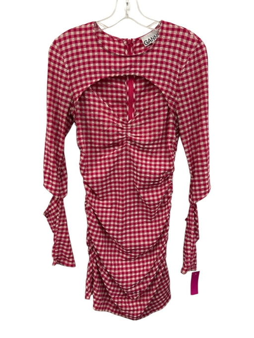 Ganni Size 36 Hot Pink & White Polyester Blend Seersucker Gingham Cutout Dress Hot Pink & White / 36