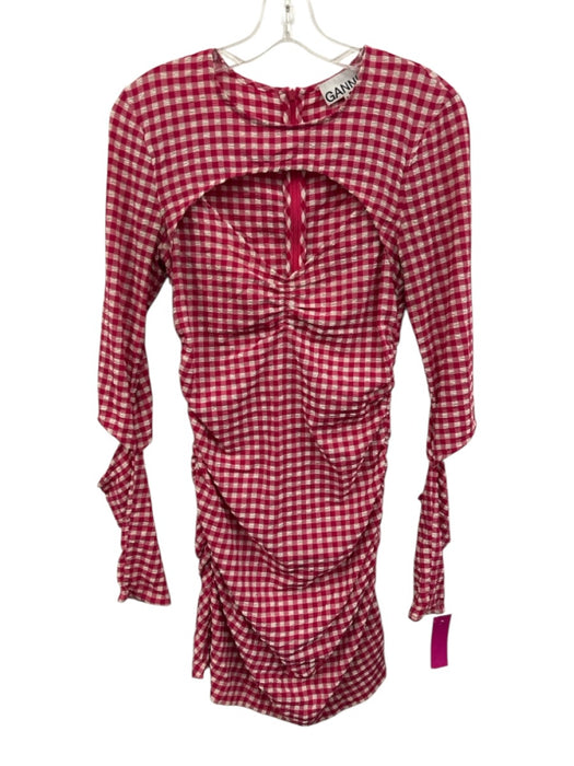 Ganni Size 36 Hot Pink & White Polyester Blend Seersucker Gingham Cutout Dress Hot Pink & White / 36