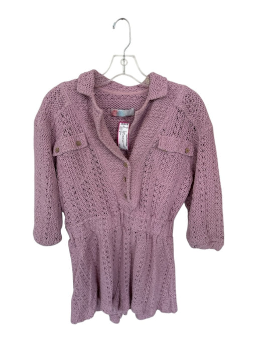FP Beach Size S Mauve Cotton Blend Knit Half Button Collar 3/4 Sleeve Romper Mauve / S