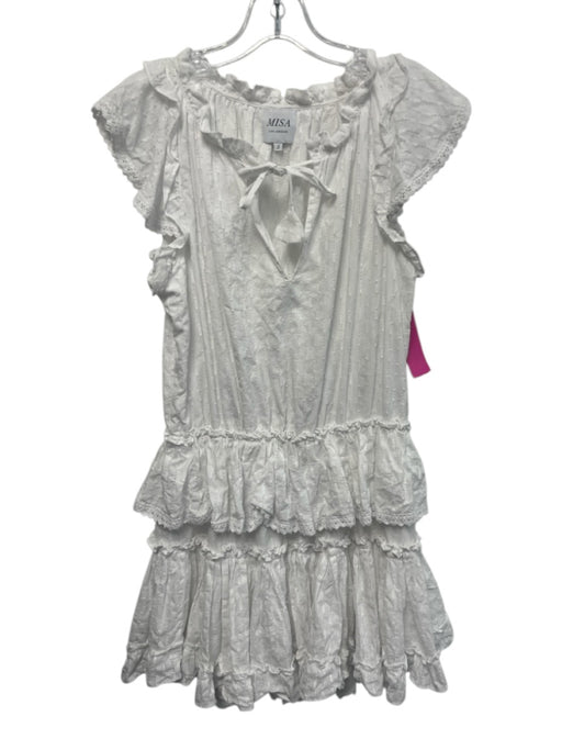 Misa Size S White Cotton Ruffle Cap Sleeve Tie V Neck Elastic Waist Dress White / S