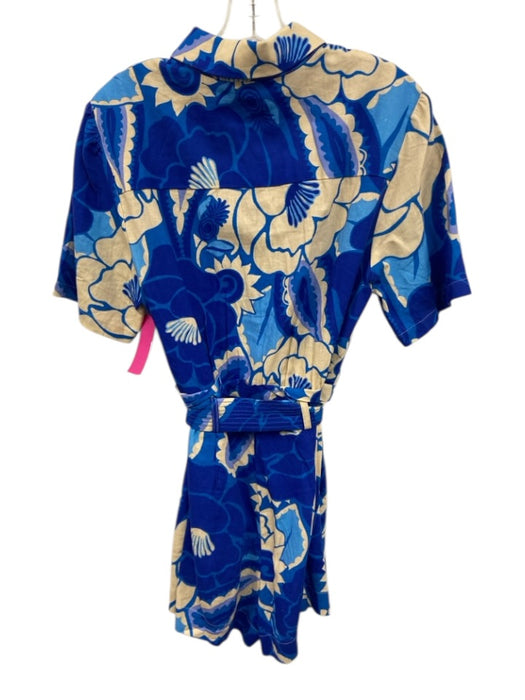 Farm Rio Size S Blue & Beige Linen Blend Short Sleeve Floral Button Front Romper Blue & Beige / S