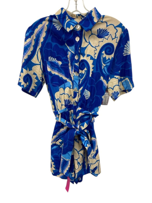 Farm Rio Size S Blue & Beige Linen Blend Short Sleeve Floral Button Front Romper Blue & Beige / S