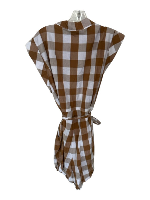 Whit Two Size 2X Light Brown & White Cotton Gingham Button Up Collar Romper Light Brown & White / 2X