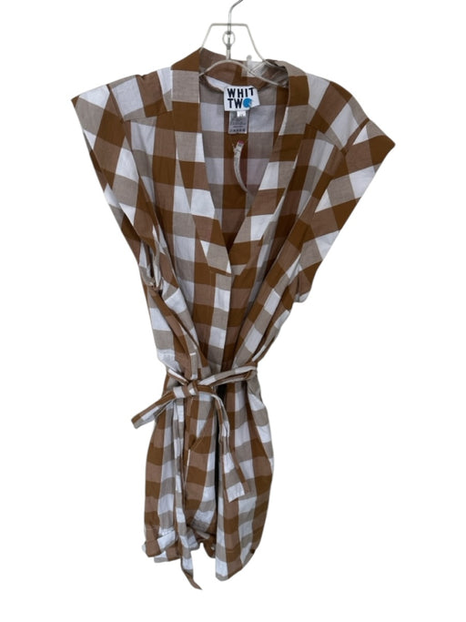 Whit Two Size 2X Light Brown & White Cotton Gingham Button Up Collar Romper Light Brown & White / 2X