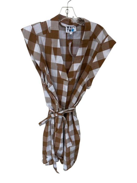 Whit Two Size 2X Light Brown & White Cotton Gingham Button Up Collar Romper Light Brown & White / 2X