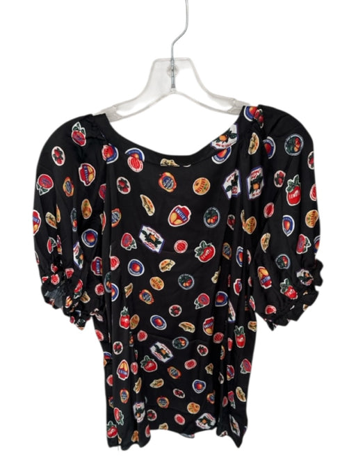 Maeve Size XL Black & Multi Viscose Short Sleeve Ruffle Neckline Fruit Print Top Black & Multi / XL