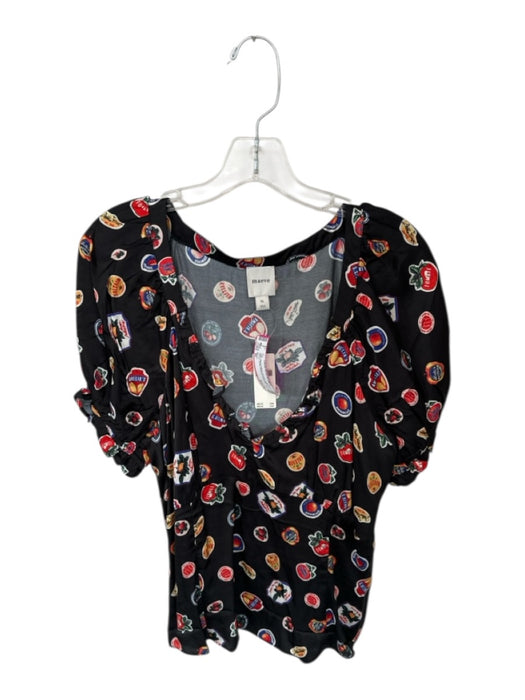 Maeve Size XL Black & Multi Viscose Short Sleeve Ruffle Neckline Fruit Print Top Black & Multi / XL