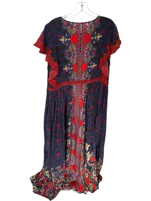 Bhanuni by Jyoti Size 16 Indigo & Red Viscose Ruffle Sleeves Leaves Maxi Dress Indigo & Red / 16