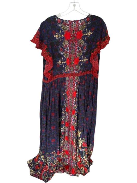 Bhanuni by Jyoti Size 16 Indigo & Red Viscose Ruffle Sleeves Leaves Maxi Dress Indigo & Red / 16