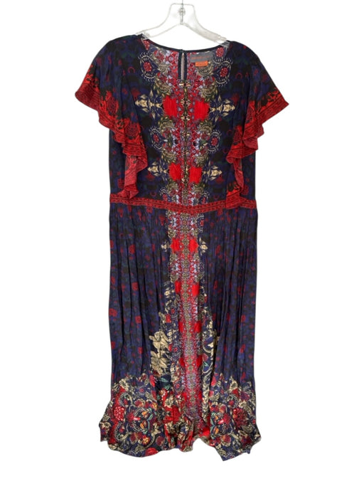 Bhanuni by Jyoti Size 16 Indigo & Red Viscose Ruffle Sleeves Leaves Maxi Dress Indigo & Red / 16