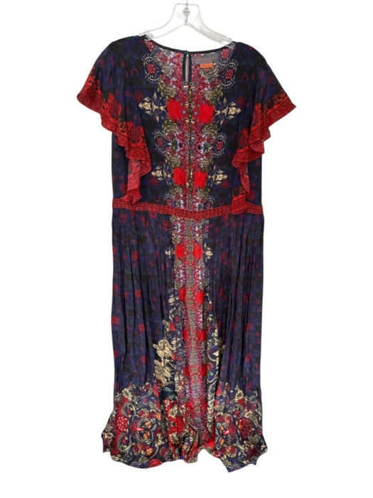 Bhanuni by Jyoti Size 16 Indigo & Red Viscose Ruffle Sleeves Leaves Maxi Dress Indigo & Red / 16