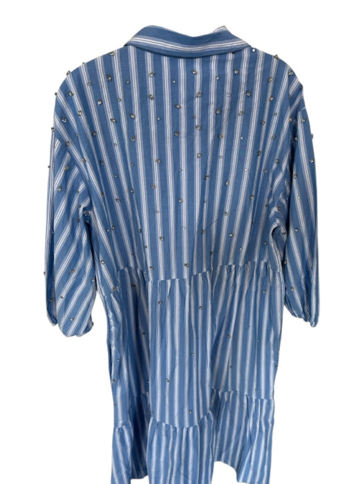Anthropologie Size XL Blue & White Cotton Striped Gem Detail Collar Dress Blue & White / XL