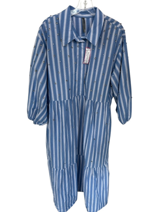 Anthropologie Size XL Blue & White Cotton Striped Gem Detail Collar Dress Blue & White / XL