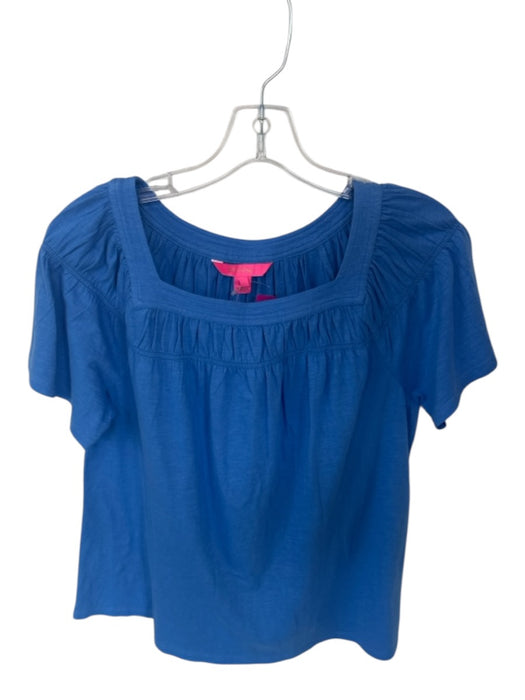 Lilly Pulitzer Size L Blue Cotton Short Sleeve Square Neck Scrunch Detail Top Blue / L