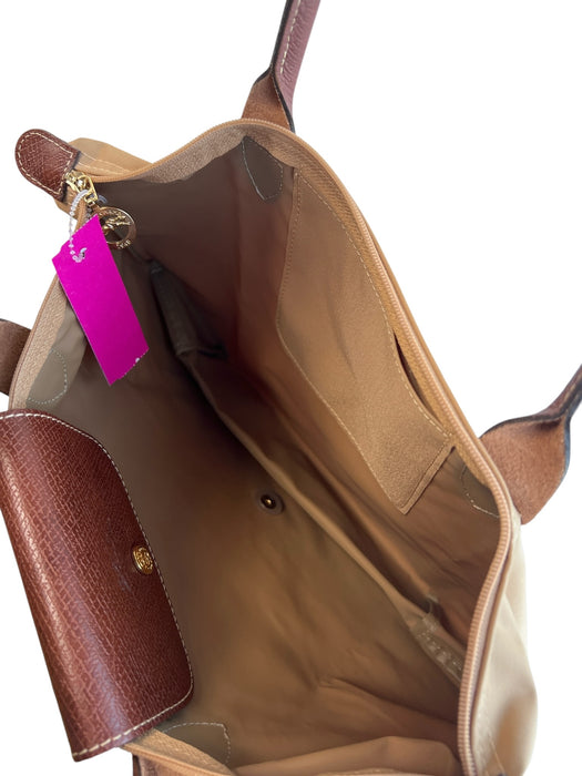 Longchamp Tan & brown Nylon & Leather 2 Strap Top Zip Snap Closure Foldable Bag Tan & brown / Medium