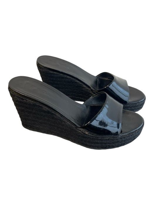 Prada Shoe Size 36.5 Black Patent Leather Wedge Plated Open Toe & Heel Shoes Black / 36.5