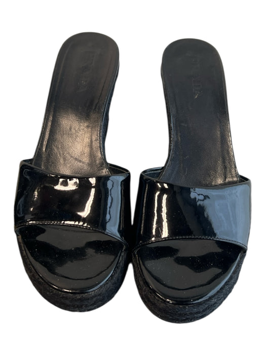 Prada Shoe Size 36.5 Black Patent Leather Wedge Plated Open Toe & Heel Shoes Black / 36.5