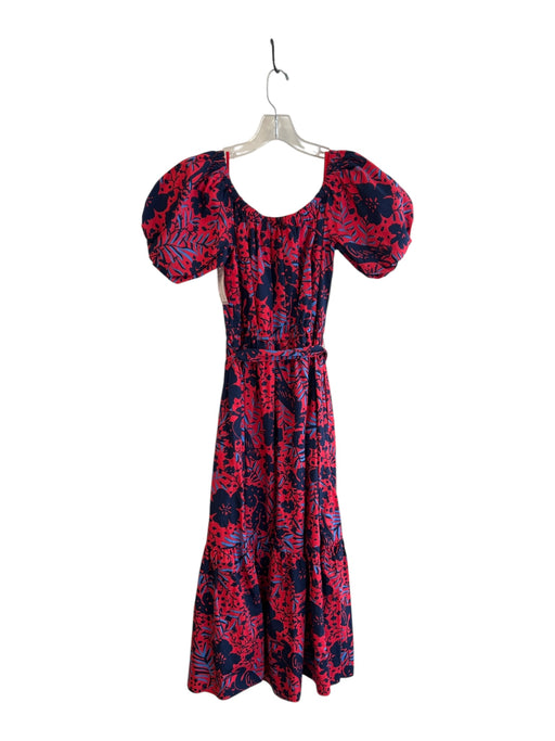 Lilly Pulitzer Size M Red & Navy Blue Print Cotton Puff Sleeves Tie Waist Dress Red & Navy Blue Print / M