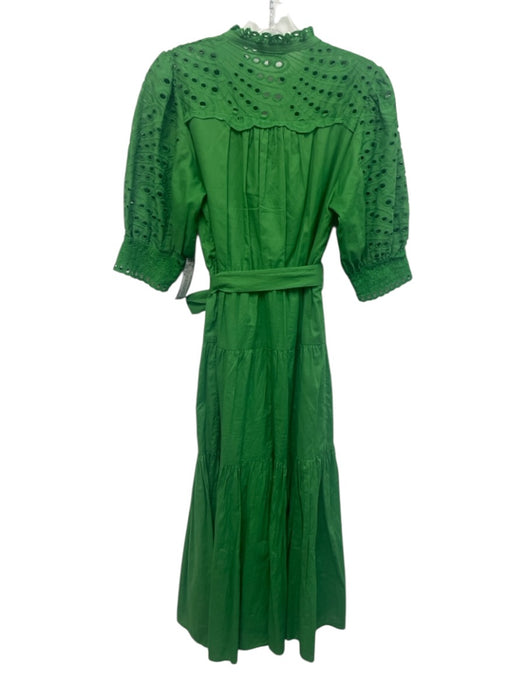 Suncoo Size T1/S Green Cotton Blend Eyelet Detail Midi Short Sleeve Dress Green / T1/S