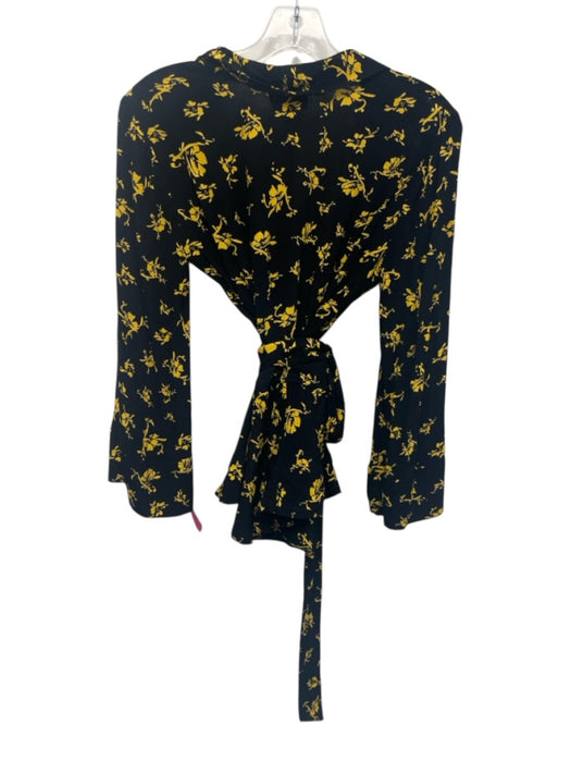 Ganni Size 36 Black & Yellow Viscose Long Trumpet Sleeve Floral Wrap Top Black & Yellow / 36