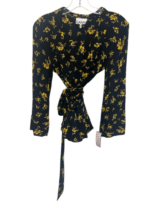 Ganni Size 36 Black & Yellow Viscose Long Trumpet Sleeve Floral Wrap Top Black & Yellow / 36
