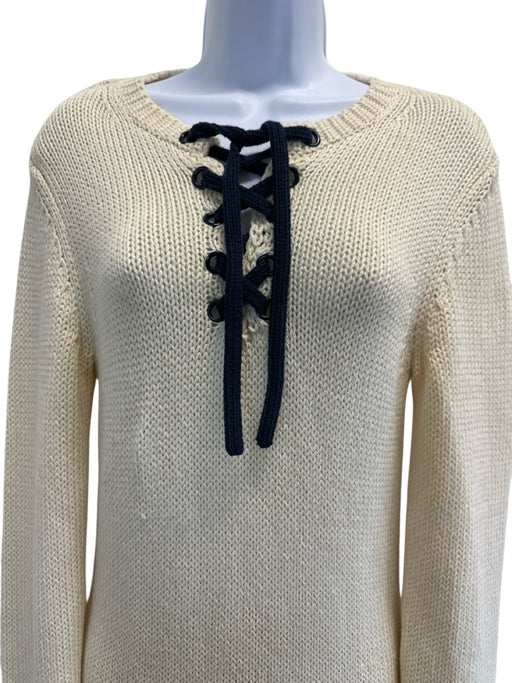Zimmermann Size 2 Cream White & Navy Blue Cotton Long Sleeve Crochet Knit Dress Cream White & Navy Blue / 2