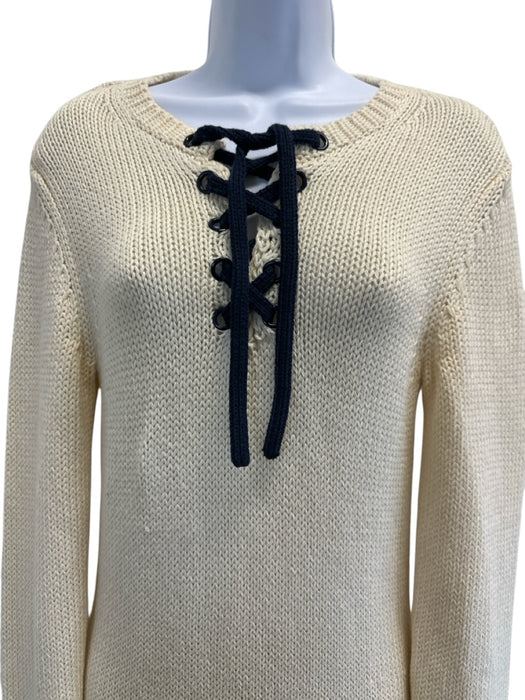Zimmermann Size 2 Cream White & Navy Blue Cotton Long Sleeve Crochet Knit Dress Cream White & Navy Blue / 2