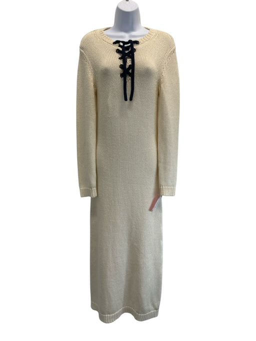 Zimmermann Size 2 Cream White & Navy Blue Cotton Long Sleeve Crochet Knit Dress Cream White & Navy Blue / 2