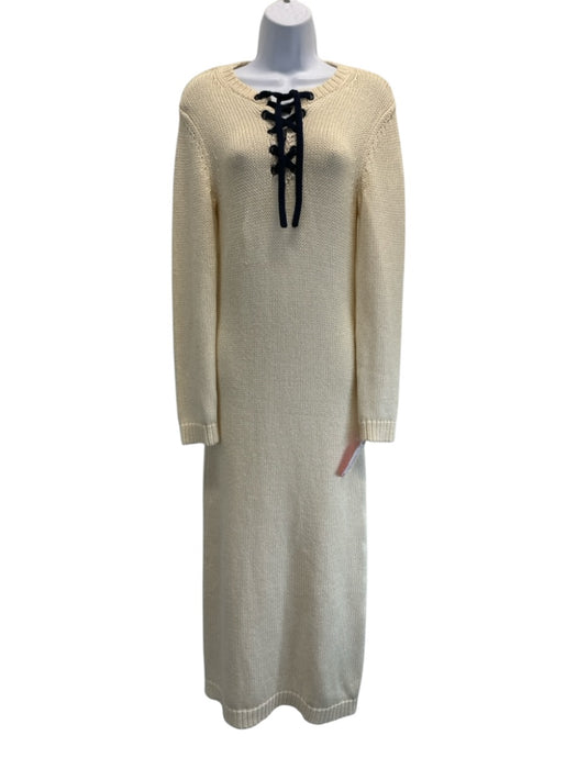 Zimmermann Size 2 Cream White & Navy Blue Cotton Long Sleeve Crochet Knit Dress Cream White & Navy Blue / 2