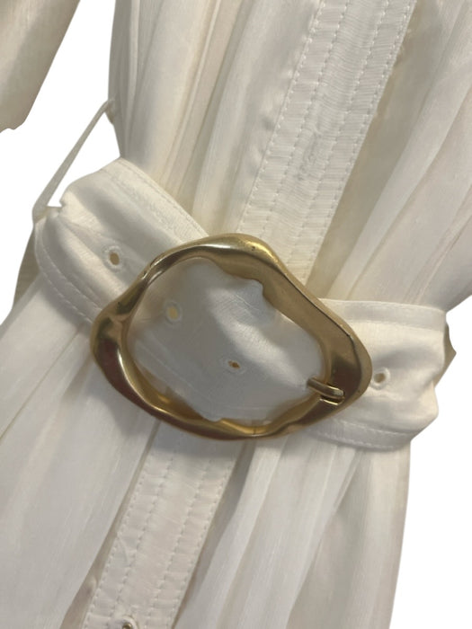 Aje. Size 6 Cream White Linen & Silk Long Sleeve Button Front Pleated Midi Dress Cream White / 6