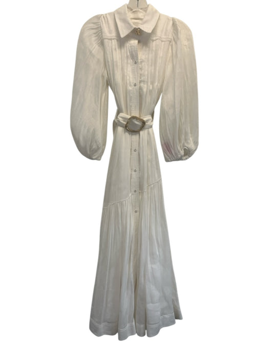 Aje. Size 6 Cream White Linen & Silk Long Sleeve Button Front Pleated Midi Dress Cream White / 6