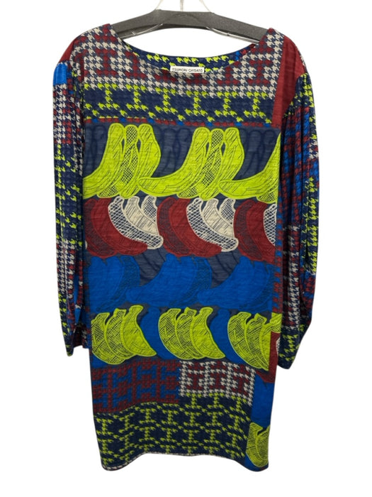 Tsumori  Chisato Size 2 Royal Blue, Red & Multi Wool Long Sleeve Wide Neck Dress Royal Blue, Red & Multi / 2