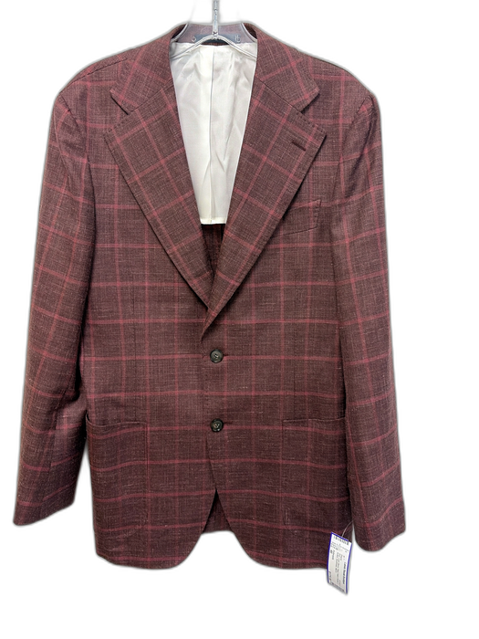 Suitsupply Red Linen Blend Plaid Patch Pocket 2 Button Men's Blazer Red / 46