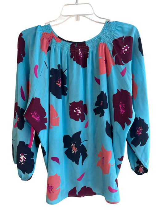 Tucker Size XL Blue & Multi Silk Long Sleeve Flowers Scoop Neck Button up Top Blue & Multi / XL